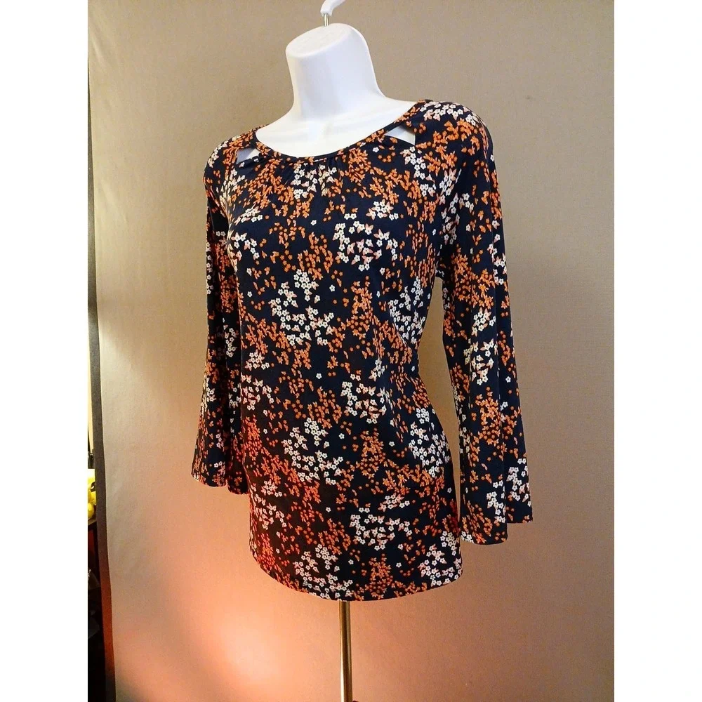 MICHAEL KORS Navy Floral Top Size Petite S Long‎ Sleeves with Ties Beautiful